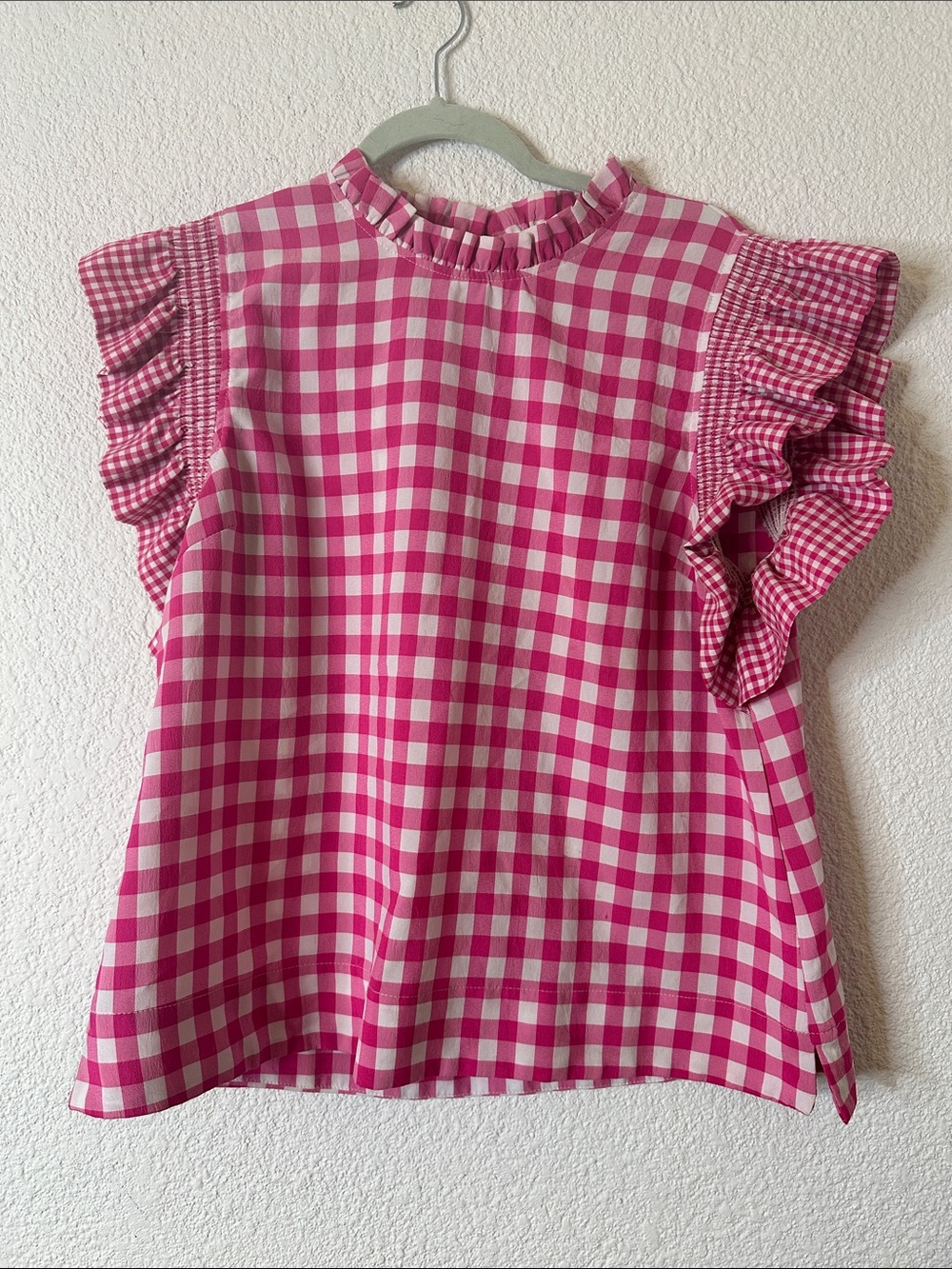 JODIFL Hot Pink and White Gingham Ruffle Sleeve Top